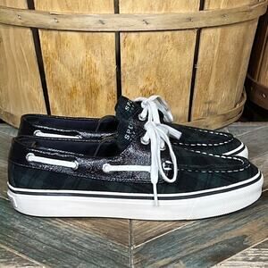 Sperry Biscayne Navy Green Plaid Patent Leather Boat Shoe Sneaker Women Size 5.5